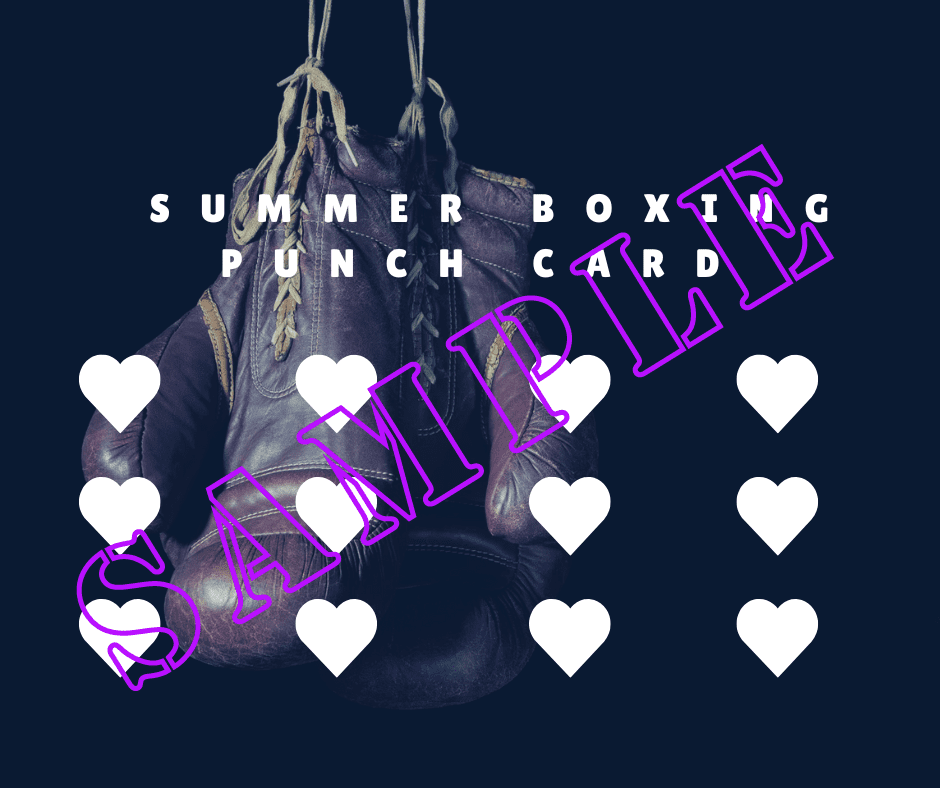 Sample "Boxing Punch" Care These Punch Cards are $150 and expire 3 months after attending the first class. They can be used anytime to drop into classes.